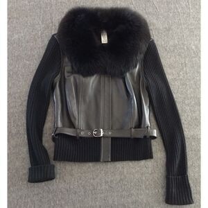 CACHE Leather Wool Knit Sweater Jacket Fox Fur Collar Black Zip Belt Women L VTG